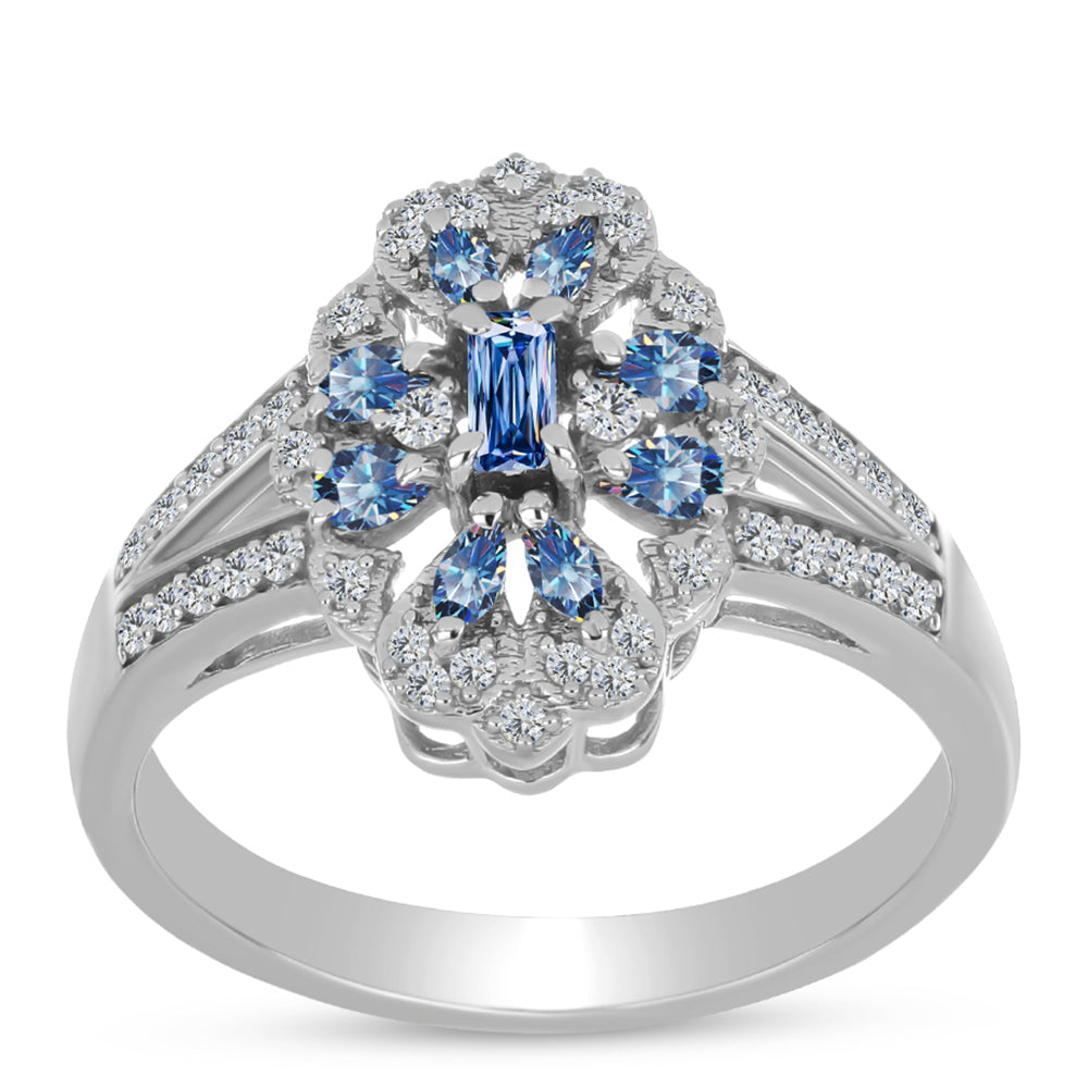 Stříbro 925/1000 - Prsten s S Oceánově Modrým Moissanitem a Bílým Topazem - Karátové číslo: 0.73. přibližná hmotnost: 3.69 gramů