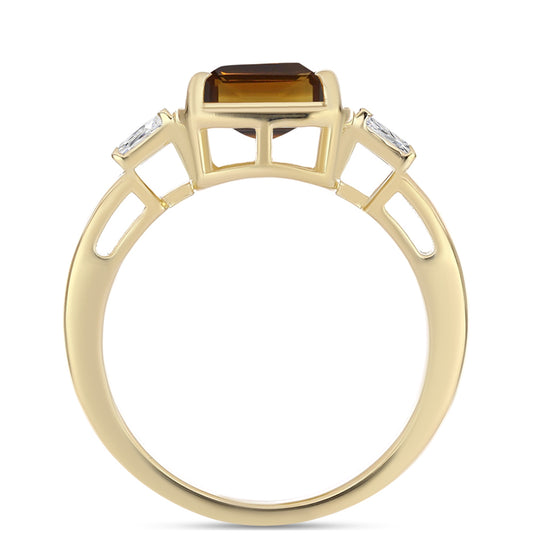 Pozlacené Stříbro 925/1000 - Prsten s Koňakovým Křemenem a Bílým Zirkonem - Karátové číslo: 2.89. přibližná hmotnost: 4.5 gramů