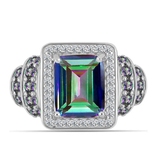 Stříbro 925/1000 - Prsten s Brazilským Mystickým Zeleným Křemenem a Bílým Topazem - Karátové číslo: 3.73. přibližná hmotnost: 5.3 gramů