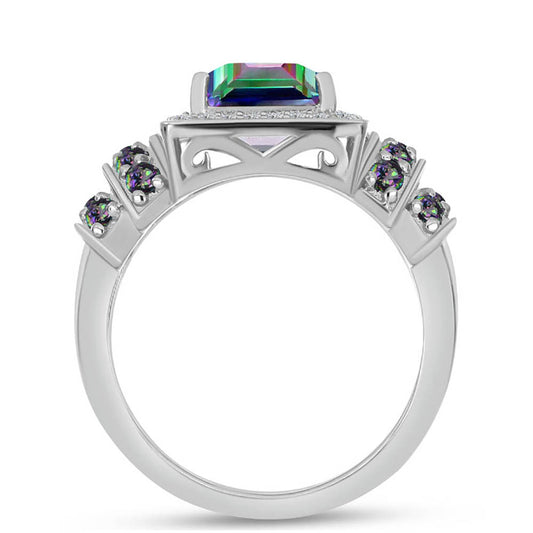 Stříbro 925/1000 - Prsten s Brazilským Mystickým Zeleným Křemenem a Bílým Topazem - Karátové číslo: 3.73. přibližná hmotnost: 5.3 gramů