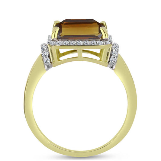 Pozlacené Stříbro 925/1000 - Prsten s Koňakovým Křemenem a Bílým Topazem - Karátové číslo: 5.63. přibližná hmotnost: 4.85 gramů