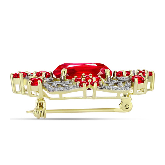 Pozlacené Stříbro 925/1000 - Brož s Červeným Achátem a Bílým Topazem - Karátové číslo: 6.83. přibližná hmotnost: 7.04 gramů