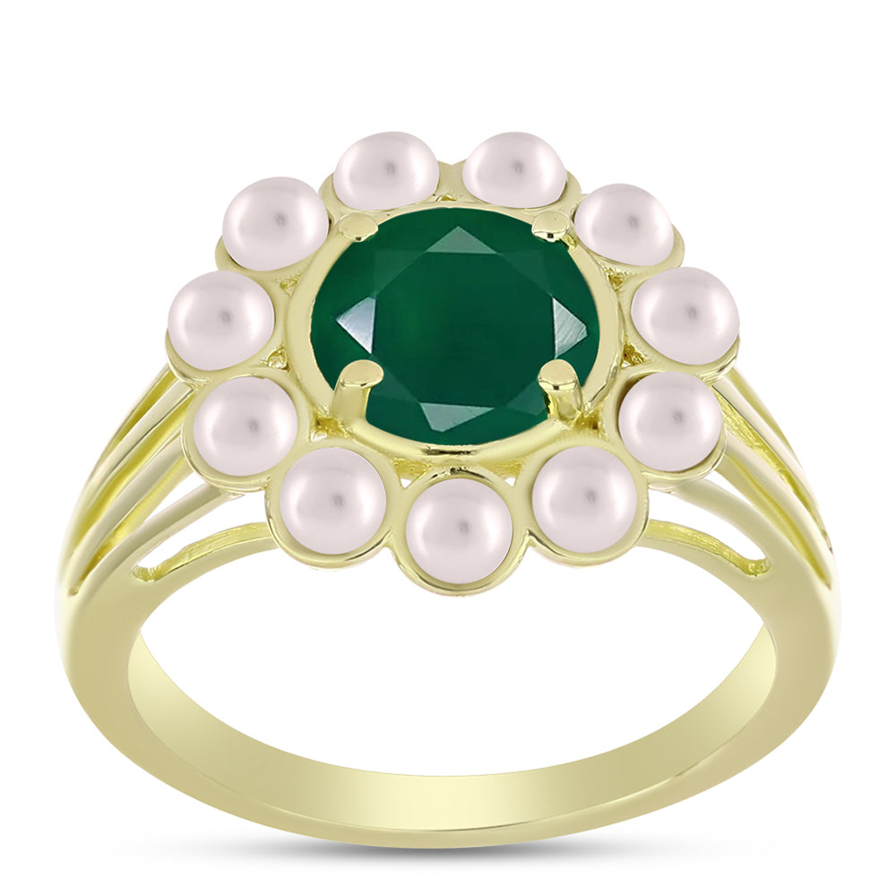 Pozlacené Stříbro 925/1000 - Prsten se Zeleným Achátem a Bílou Sladkovodní Perlou - Karátové číslo: 3.46. přibližná hmotnost: 5.4 gramů 3 