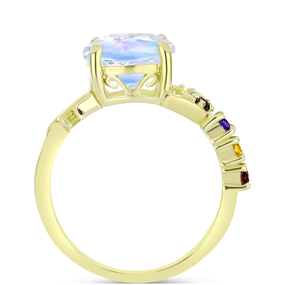 Pozlacené Stříbro 925/1000 - Prsten s Duhovým Měsíčním Kamenem a Marockým Ametystem - Karátové číslo: 2.83. přibližná hmotnost: 3.29 gramů 6 