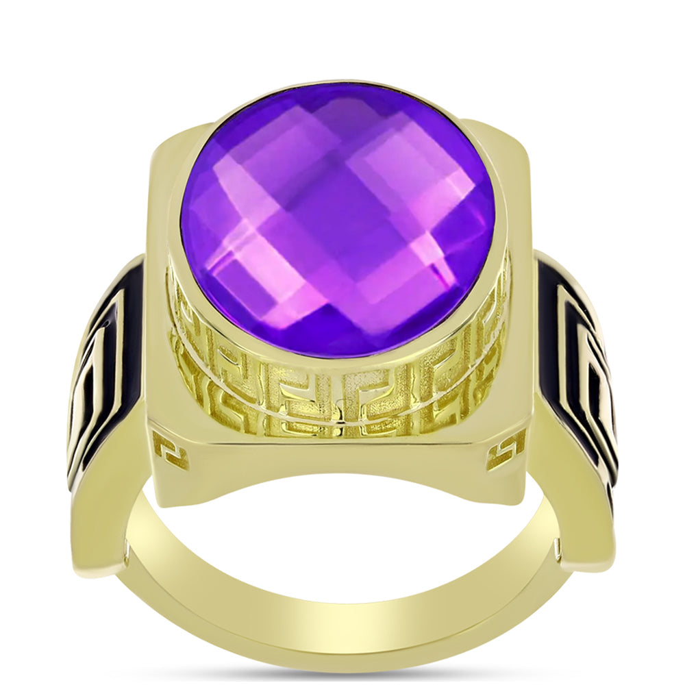 Pozlacené Stříbro 925/1000 - Prsten s Purpurovým Achátem - Karátové číslo: 8.76. přibližná hmotnost: 9.5 gramů
