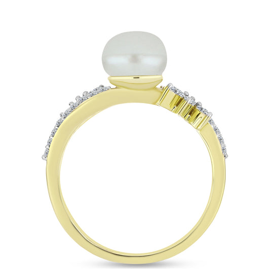 Pozlacené Stříbro 925/1000 - Prsten s Bílou Sladkovodní Perlou a Bílým Zirkonem - Karátové číslo: 3.33. přibližná hmotnost: 2.9 gramů