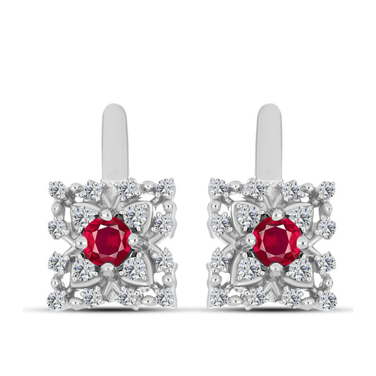 Stříbro 925/1000 - Náušnice s Madagaskarským Rubínem a Bílým Topazem - Karátové číslo: 0.81. přibližná hmotnost: 3.77 gramů