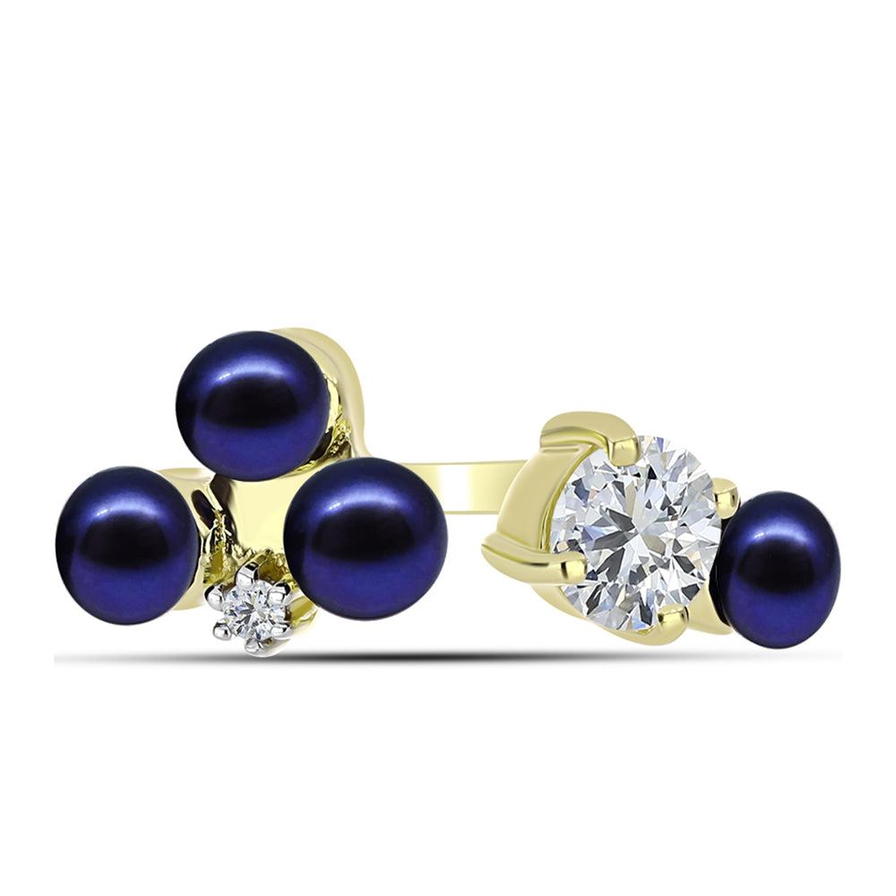 Pozlacené Stříbro 925/1000 - Prsten s Černou Sladkovodní Perlou a Bílým Topazem - Karátové číslo: 3.4. přibližná hmotnost: 3.47 gramů 1 