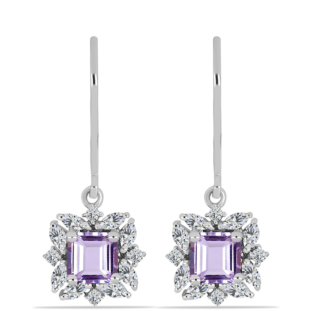 Stříbro 925/1000 - Náušnice s Rose de France Ametystem a Bílým Zirkonem - Karátové číslo: 2.12. přibližná hmotnost: 2.96 gramů