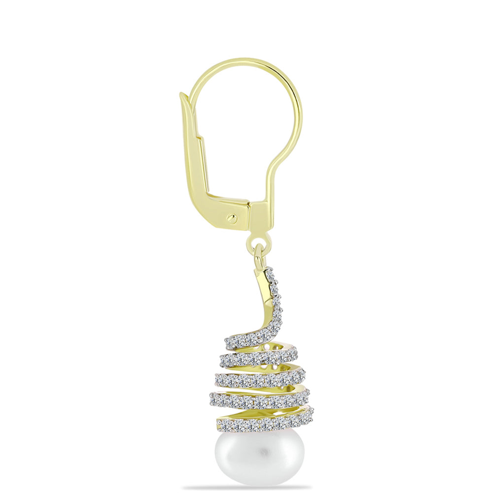 Pozlacené Stříbro 925/1000 - Náušnice s Bílou Sladkovodní Perlou a Bílým Topazem - Karátové číslo: 6.82. přibližná hmotnost: 5.11 gramů 2 