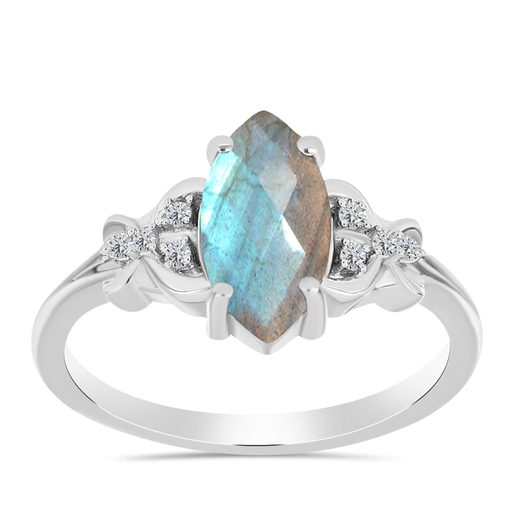 Stříbro 925/1000 - Prsten s Labradoritem a Bílým Topazem - Karátové číslo: 1.6. přibližná hmotnost: 2.57 gramů