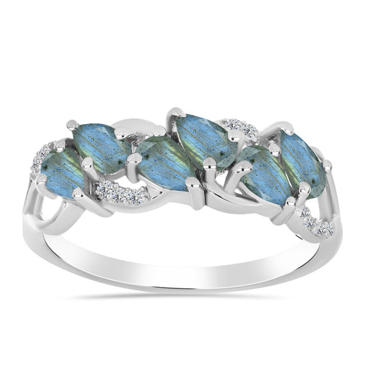 Stříbro 925/1000 - Prsten s Labradoritem a Bílým Topazem - Karátové číslo: 1.3. přibližná hmotnost: 2.74 gramů