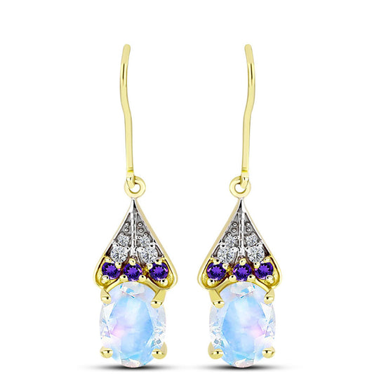 Pozlacené Stříbro 925/1000 - Náušnice s Duhovým Měsíčním Kamenem a Marockým Ametystem - Karátové číslo: 3.69. přibližná hmotnost: 3.31 gramů