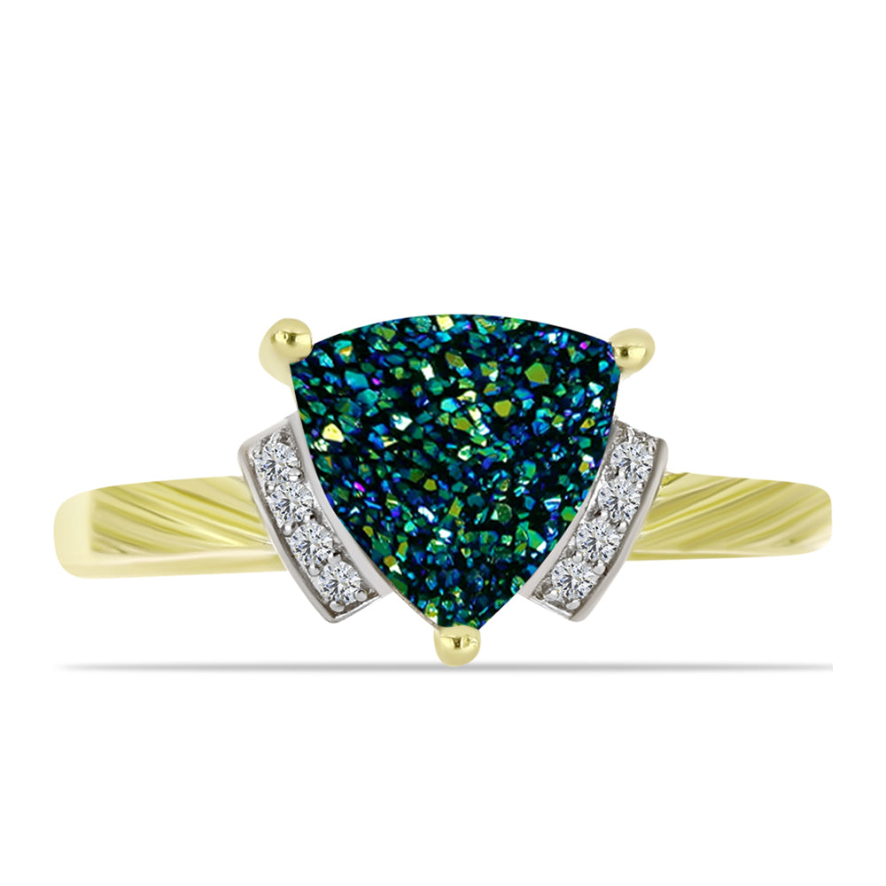 Pozlacené Stříbro 925/1000 - Prsten se Zelenou Drusy a Bílým Topazem - Karátové číslo: 2.84. přibližná hmotnost: 3.46 gramů