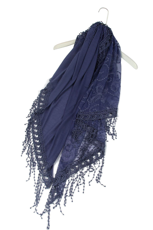 Bavlněná lichoběžníková Šála-šátek, 80 cm x 198 cm x 70 cm, Motýlí a krajkový vzor, Džínová