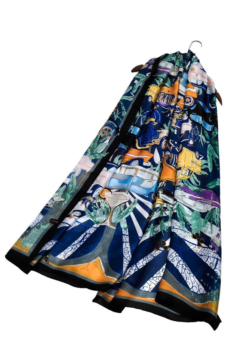 Šála-šátek ze 100% Pravého Hedvábí, 90 cm x 180 cm, Vzor tropického karnevalu