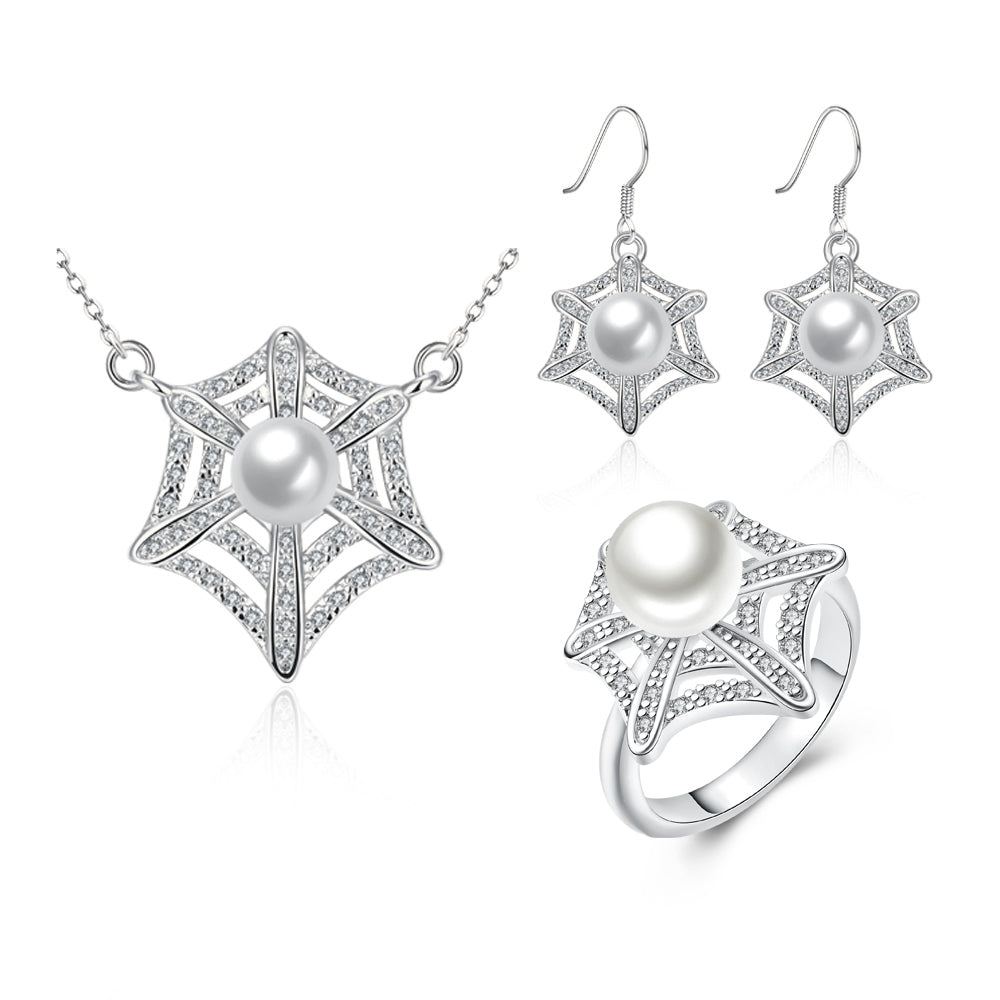 Pozlacená Slitinová Sada s Bílým Emporia® Křišťálem a Perlou ( Náhrdelník+Náušnice+Prsten ) 1 