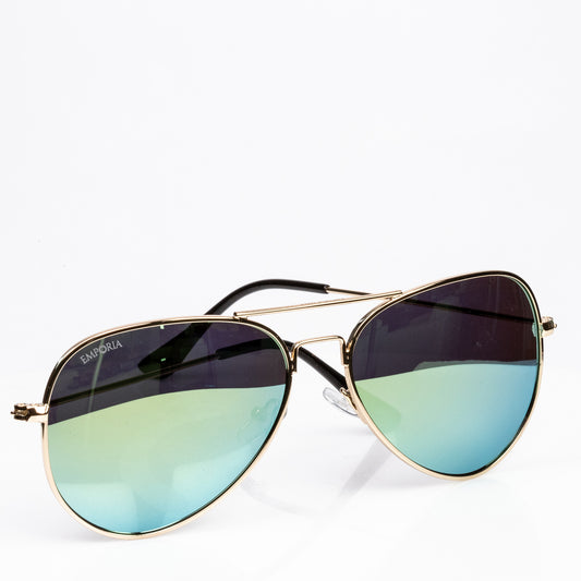 Emporia Italy - série Aviator "DŽUNGLE", polarizované sluneční brýle s pevným pouzdrem a čisticím hadříkem, žlutozelené čočky, obroučky zlaté barvy