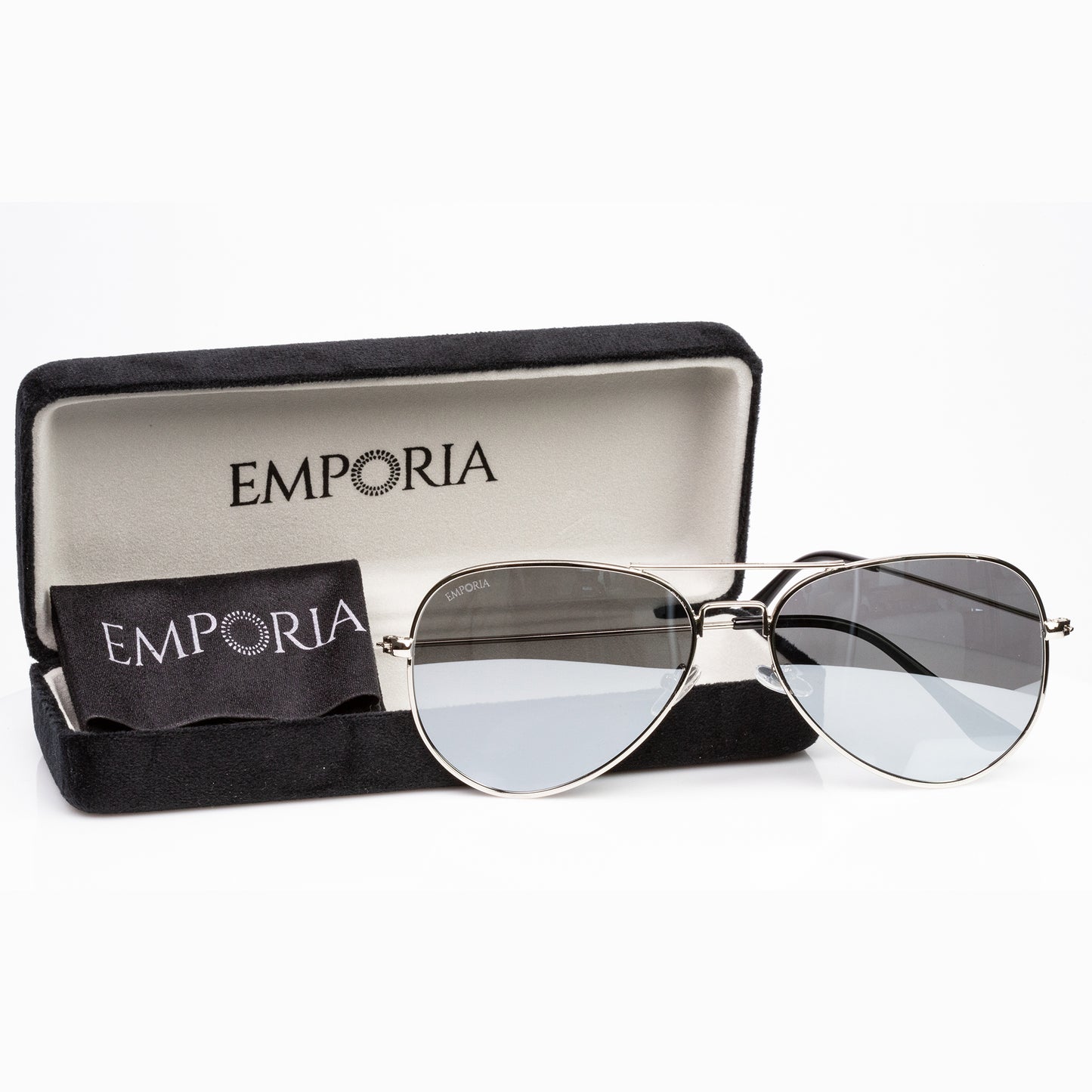 Emporia Italy - série Aviator "KRYSTAL", polarizované sluneční brýle s UV filtrem, s pevným pouzdrem a čisticím hadříkem, chromově-stříbrné čočky, obroučky stříbrné barvy