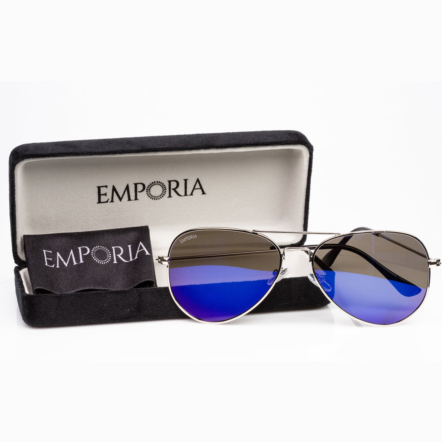 Emporia Italy - série Aviator "LAGUNA", polarizované sluneční brýle s pevným pouzdrem a čisticím hadříkem, modrofialové čočky, obroučky stříbrné barvy