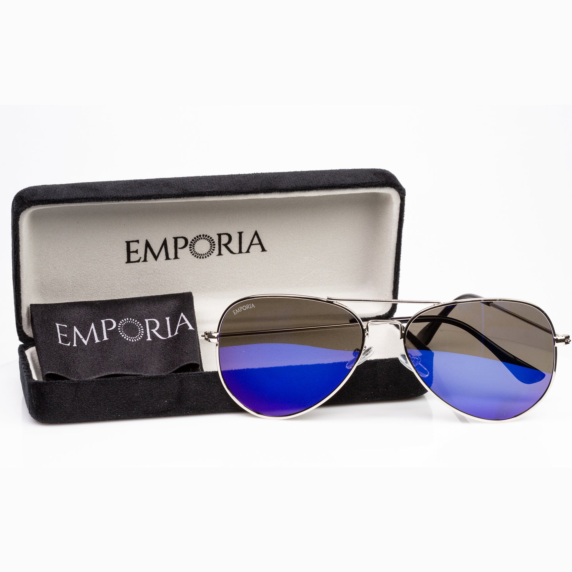 Emporia Italy - série Aviator "LAGUNA", polarizované sluneční brýle s pevným pouzdrem a čisticím hadříkem, modrofialové čočky, obroučky stříbrné barvy 6 