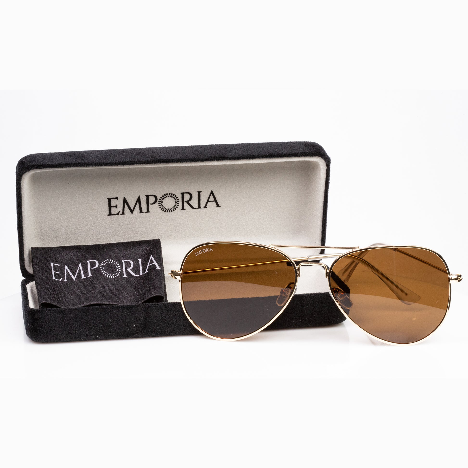 Emporia Italy - série Aviator "POUŠŤ", polarizované sluneční brýle s UV filtrem, s pevným pouzdrem a čisticím hadříkem, světle hnědé čočky, obroučky zlaté barvy 6 
