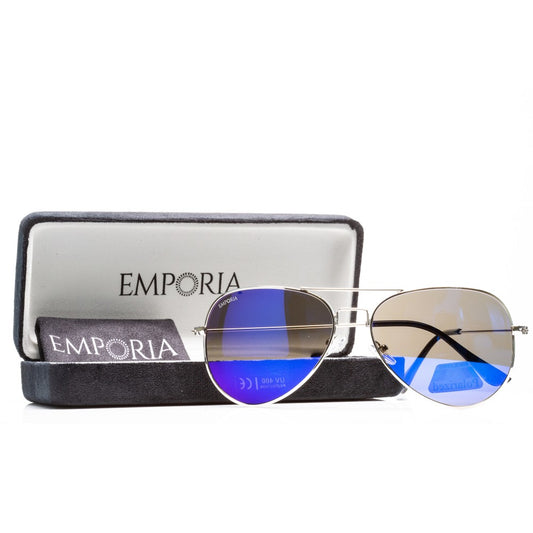 Emporia Italy - série Aviator "LAGUNA", polarizované sluneční brýle s pevným pouzdrem a čisticím hadříkem, modrofialové čočky, obroučky stříbrné barvy