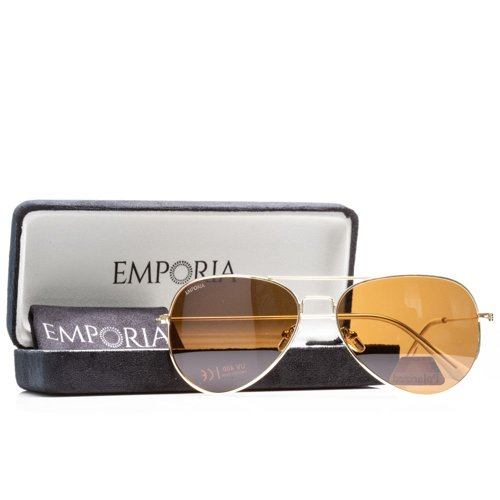 Emporia Italy - série Aviator "POUŠŤ", polarizované sluneční brýle s UV filtrem, s pevným pouzdrem a čisticím hadříkem, světle hnědé čočky, obroučky zlaté barvy 1 