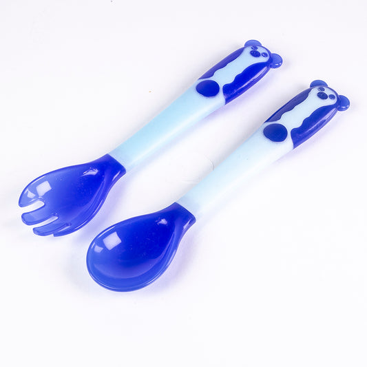 Sada dětské lžičky a vidličky s tepelným čidlem, ohýbací, bez BPA, barva: modrá