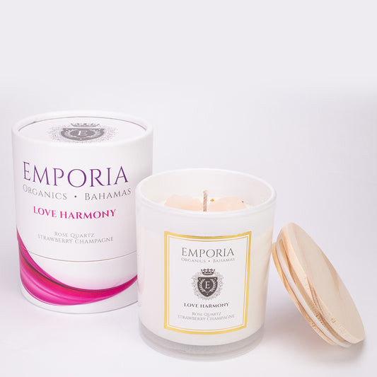 Emporia Organics Skleněná Svíčka: Bahamy - LOVE HARMONY, s Růženínem, s vůní jahod a šampaňského, 100% sójový vosk, 230 g