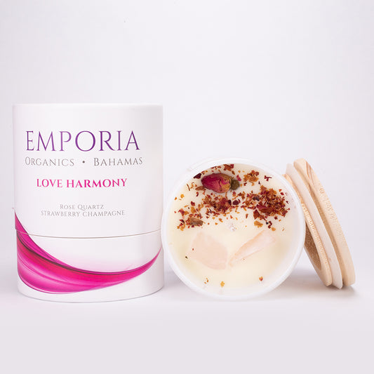 Emporia Organics Skleněná Svíčka: Bahamy - LOVE HARMONY, s Růženínem, s vůní jahod a šampaňského, 100% sójový vosk, 230 g