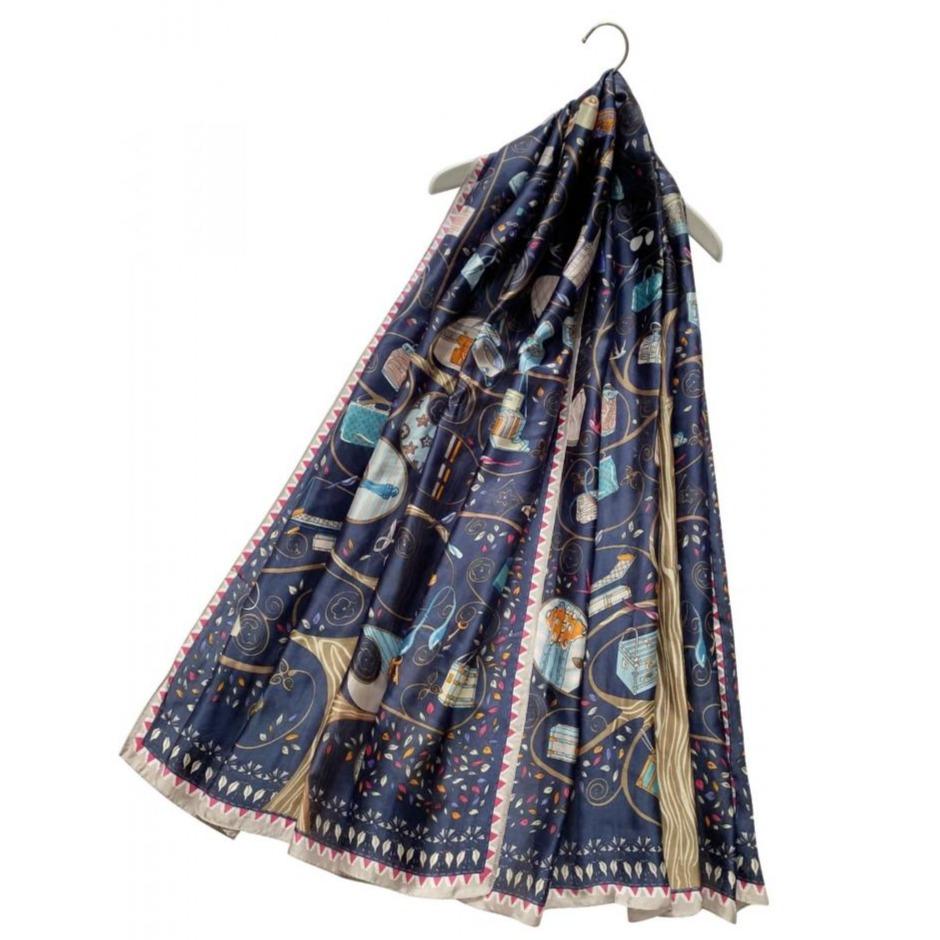 Šála-šátek ze 100% Pravého Hedvábí, 90 cm x 180 cm, Stylový kabelkový vzor, Tmavě modrá