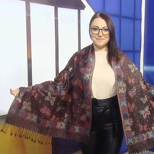 Šála-šátek ze 100% Pravého Pashmina Kašmíru, 70 cm x 170 cm, Lesklá černá s motýlím vzorem