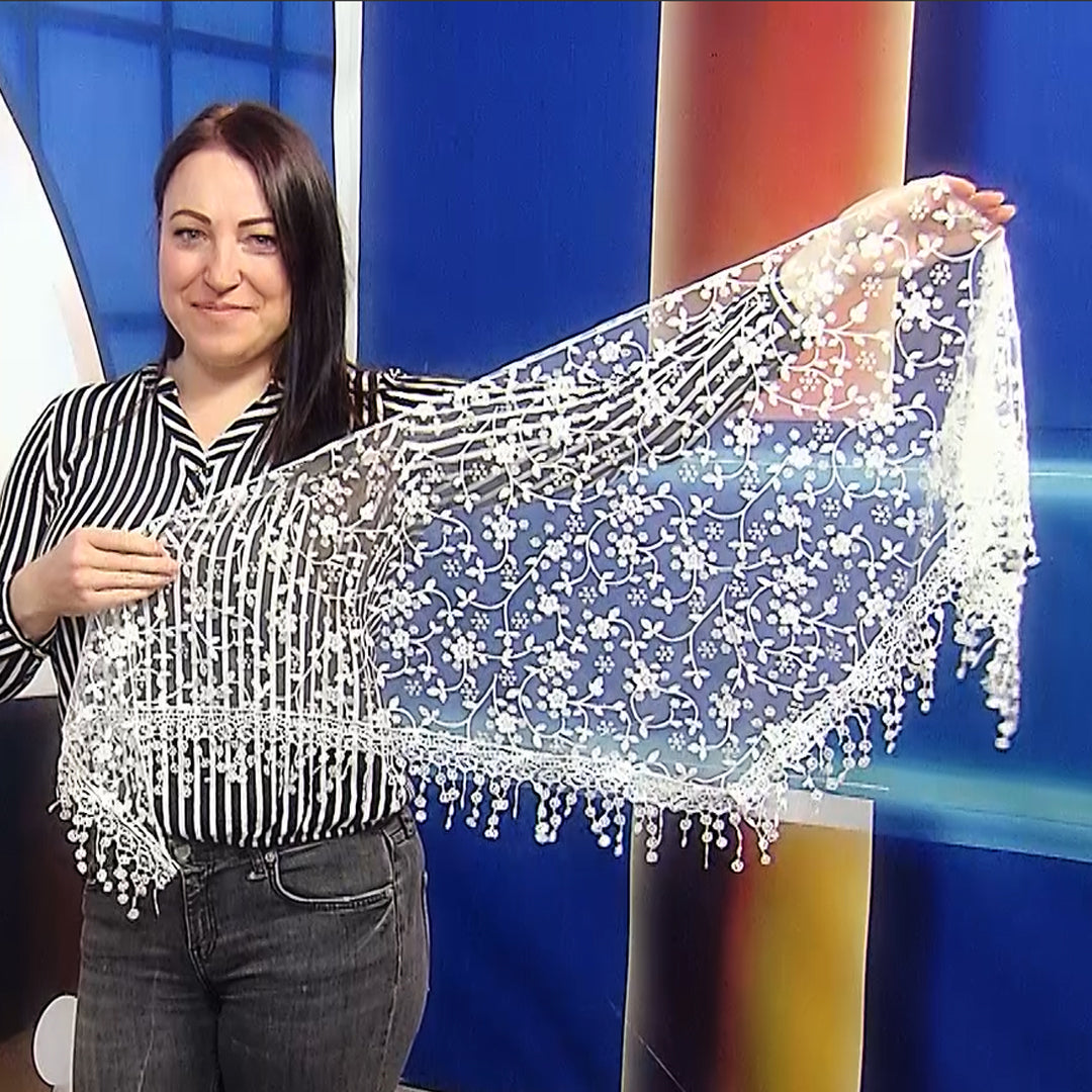 Trojúhelníková Šála-šátek s Třpytivým květinovým vzorem, 45 cm x 45 cm x 170 cm, Bílá 1 