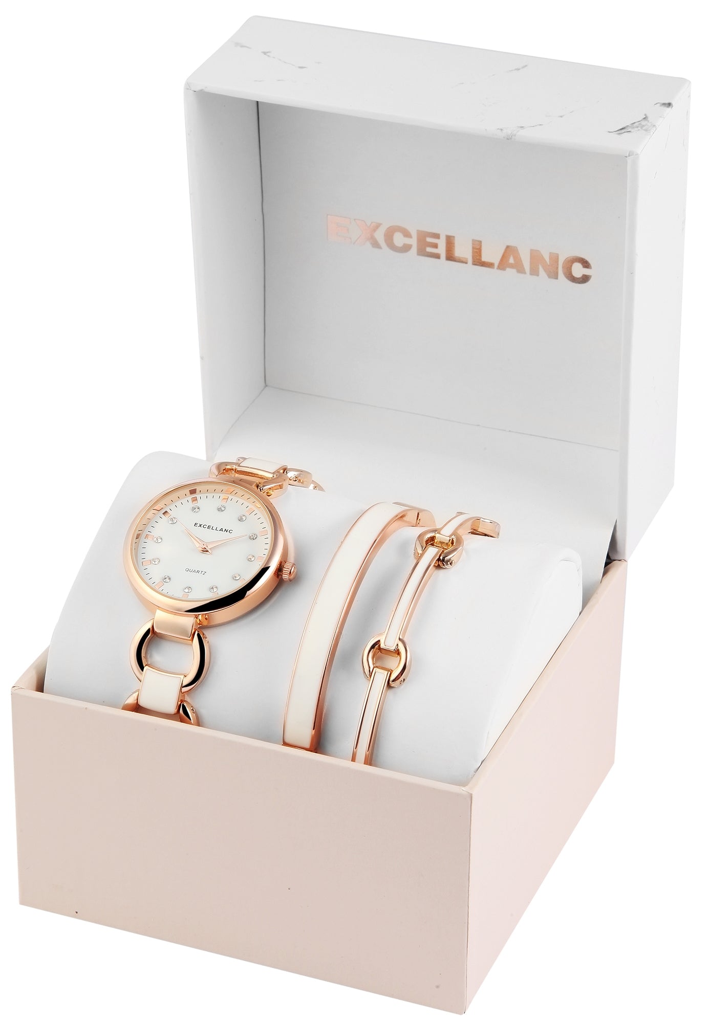 Excellanc dámské hodinky s 2 náramky EX0429, barva růžového zlata, vysoce kvalitní křemenný mechanismus, ciferník bílé barvy