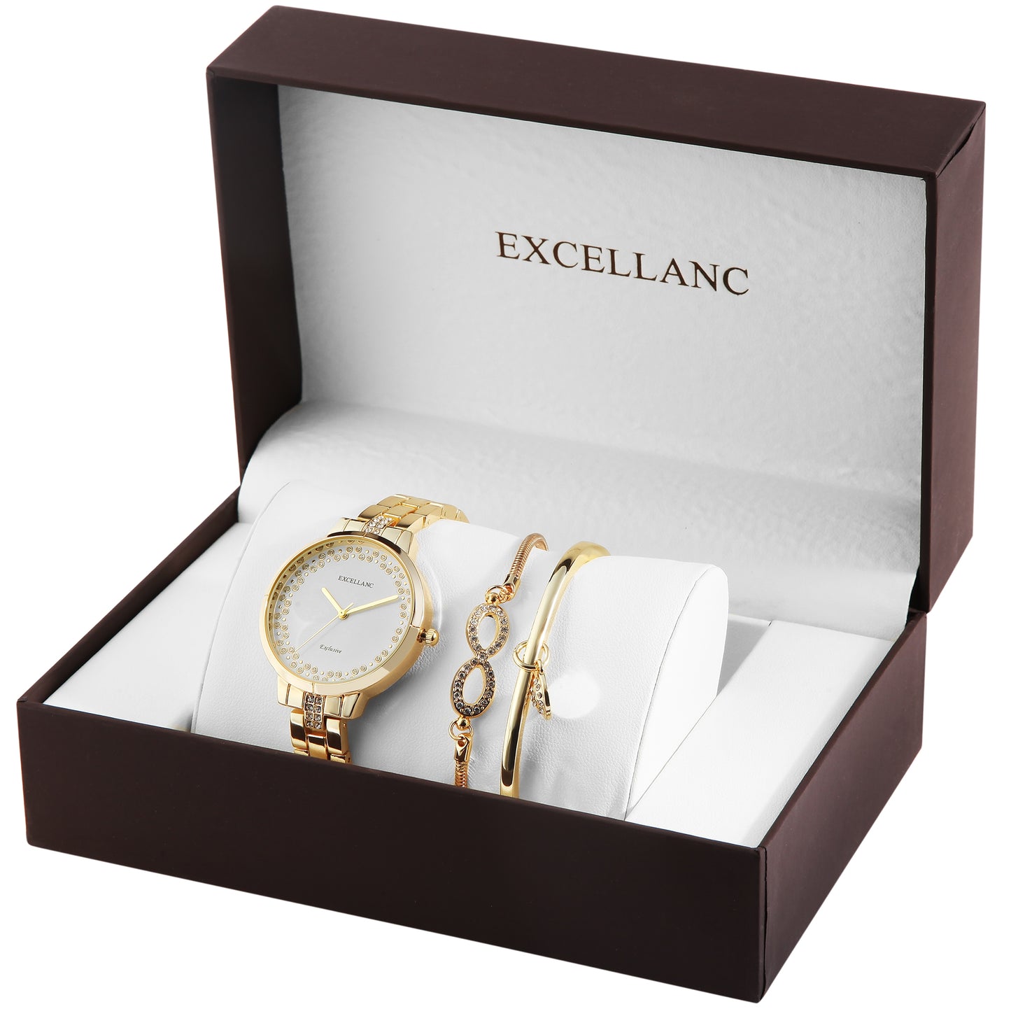 Excellanc dárkový set hodinek: dámské hodinky +2 náramky, zlatý tón, zlatá barva, vysoce kvalitní křemenný mechanismus, ciferník v bílé barvě