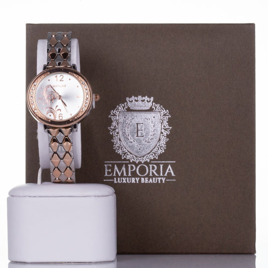 ROSE GOLD and SILVER, woman alloy SKYLINE watch with flower dial and quartz crystals with Gift box