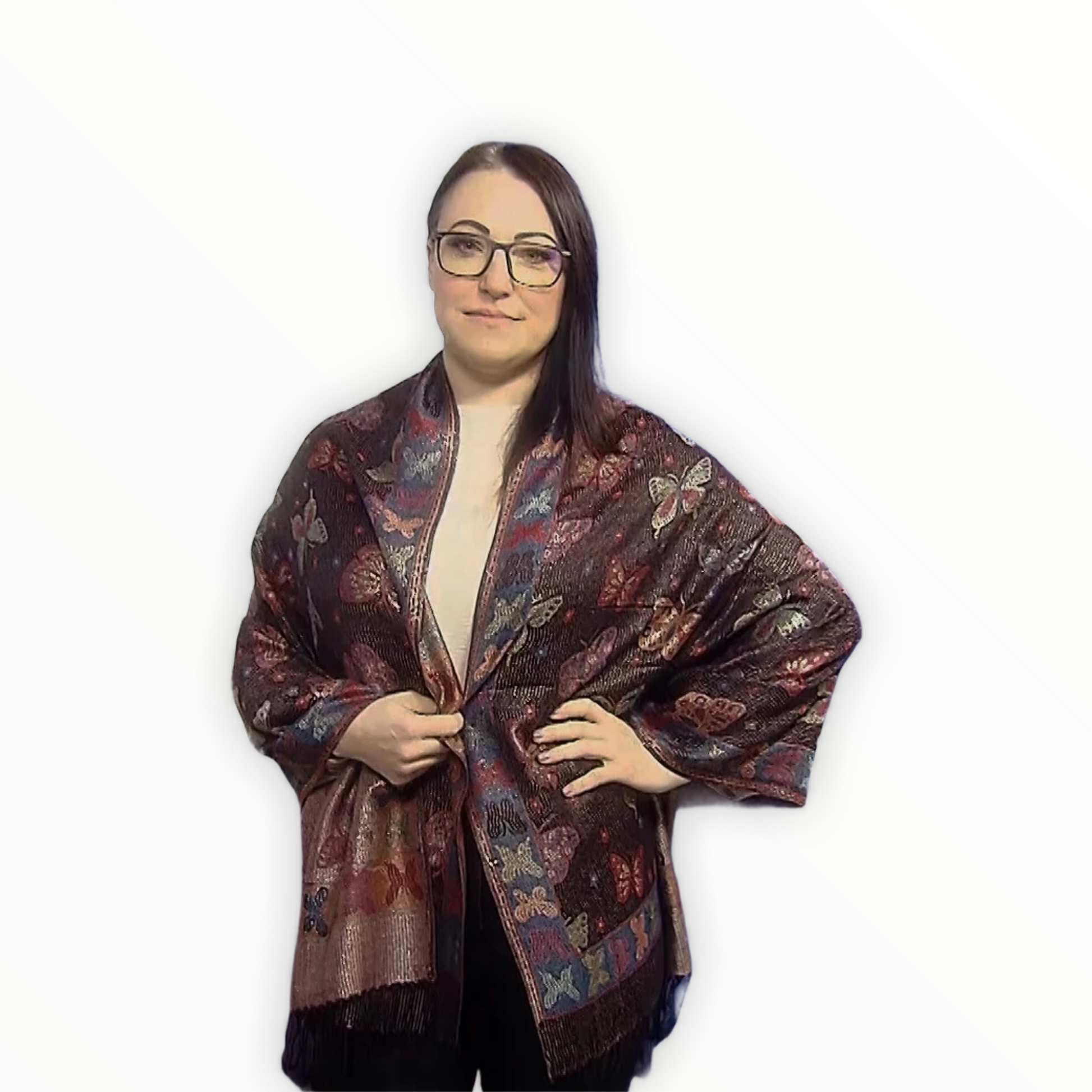 Šála-šátek ze 100% Pravého Pashmina Kašmíru, 70 cm x 170 cm, Lesklá černá s motýlím vzorem 1 