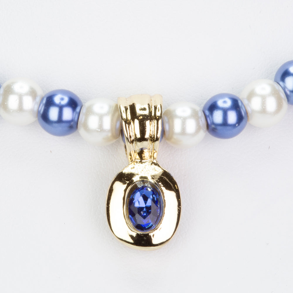 Pozlacená Slitinová Sada s Bílou Perlou a Modrým Emporia® Křišťálem (Náhrdelník+Náušnice+Náramek)