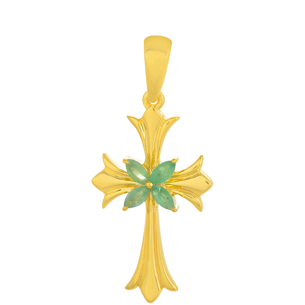 Kříž Pozlacený Stříbrný Přívěsek s Brazilským Smaragdem