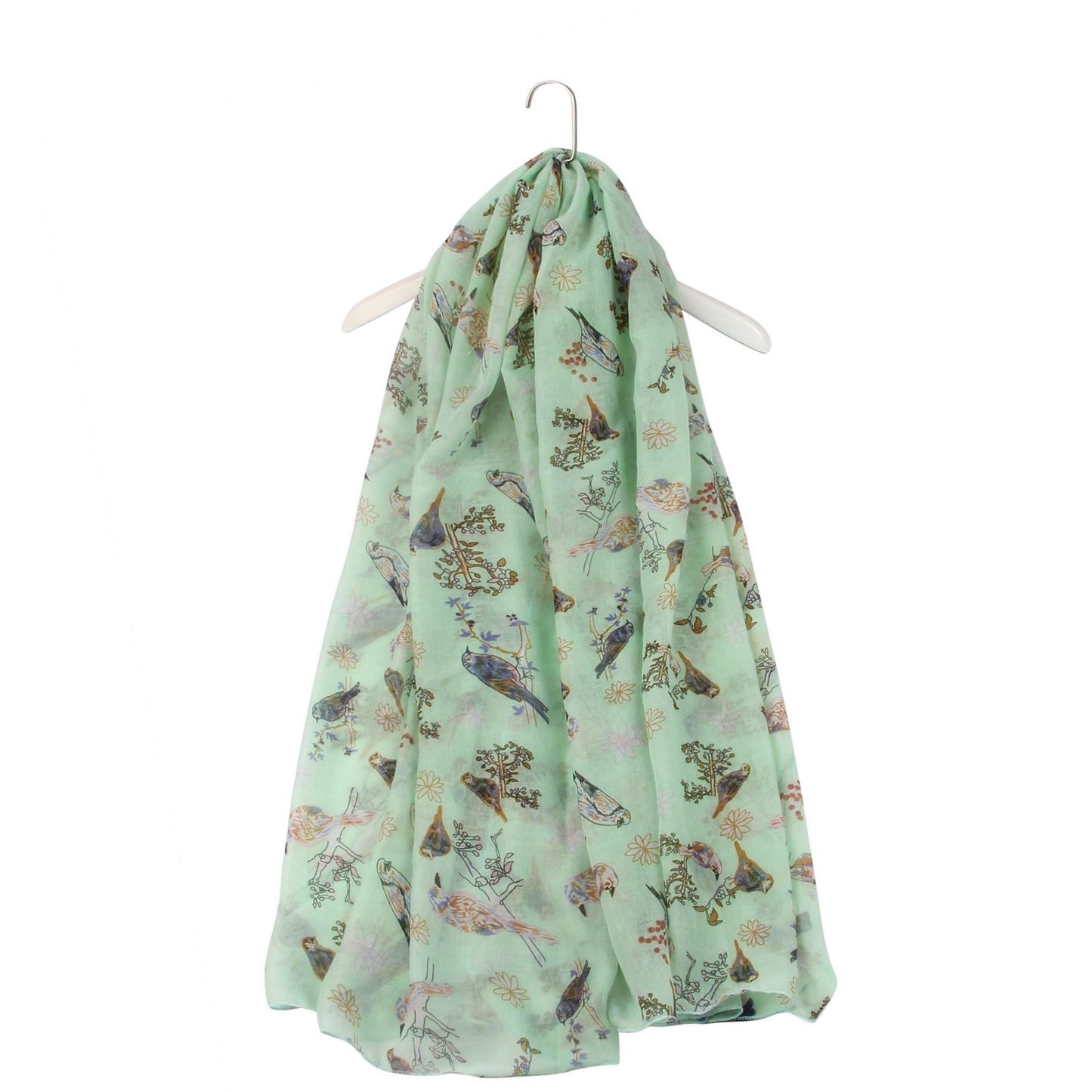 Šála-šátek se vzorem ptáků a květin, mátově zelená, 90 cm x 180 cm