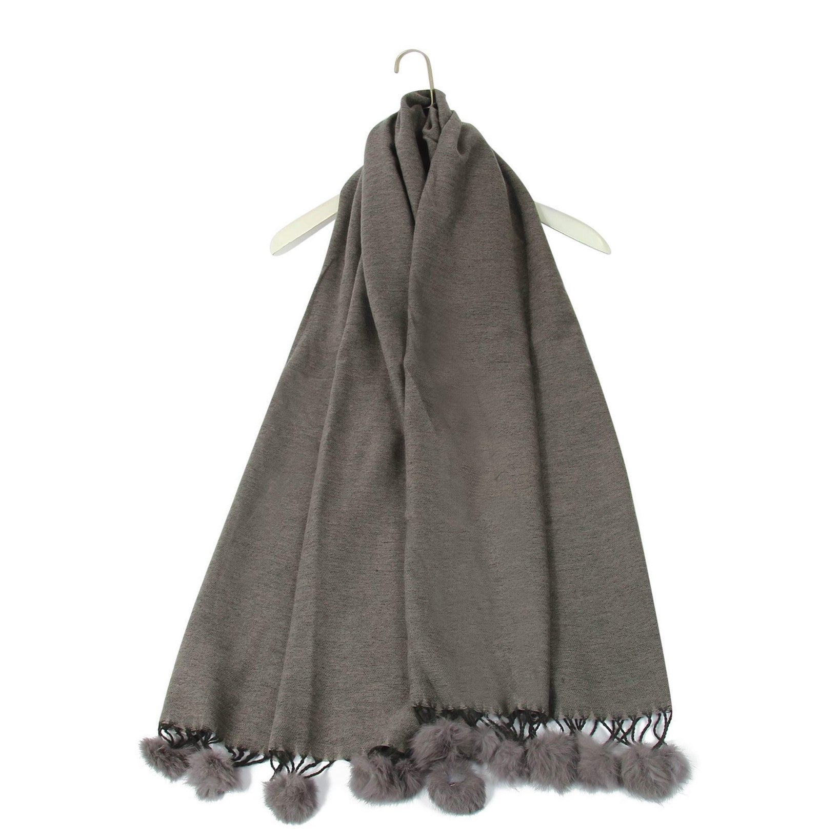 Šála-šátek s Pravou Pom Pom Kožešinou, 60 cm x 170 cm, Šedá 1 