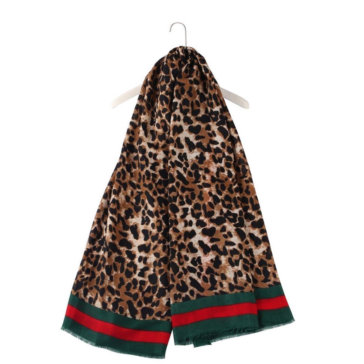 Šála-šátek 90 cm x 180 cm, Leopardí vzor se zelenými a červenými okraji