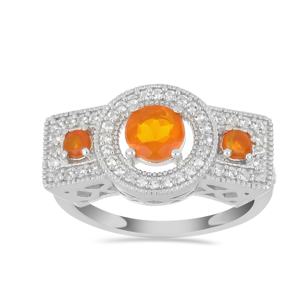 Stříbrný Prsten s Oranžovým Opálem Lega Dembi a Kolumbijským Bílým Zirkonem