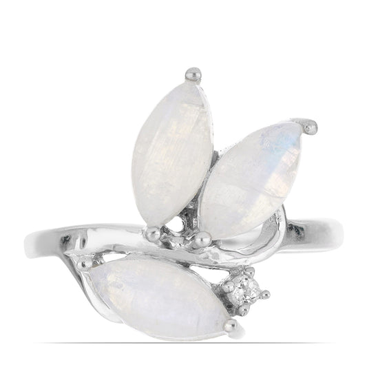 Stříbrný Prsten s Duhovým Měsíčním Kamenem a Bílým Topazem