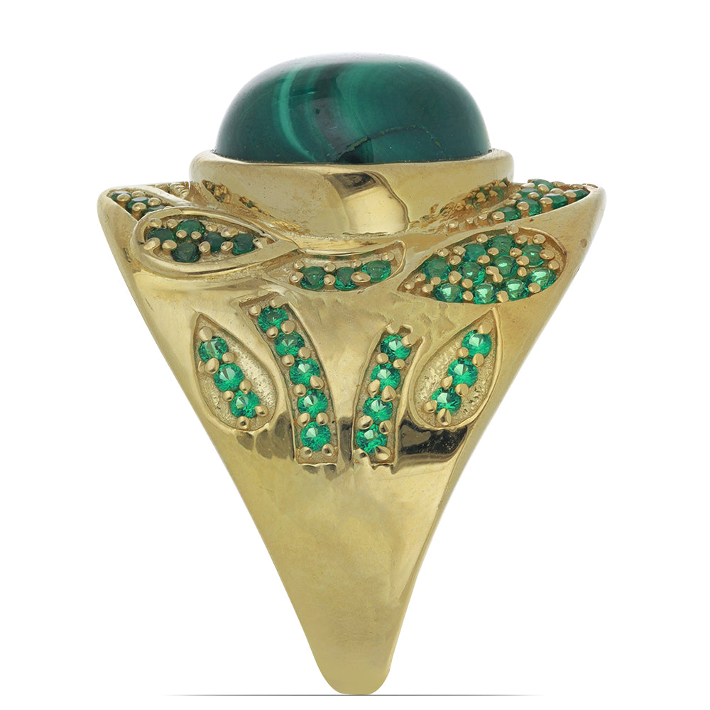 Pozlacený Stříbrný Prsten s Waleským Malachitem a Umělým Smaragdem