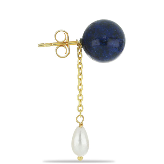 Pozlacené Stříbrné Náušnice s Lapisem Lazuli z Badakšanu a Bílou Sladkovodní Perlou