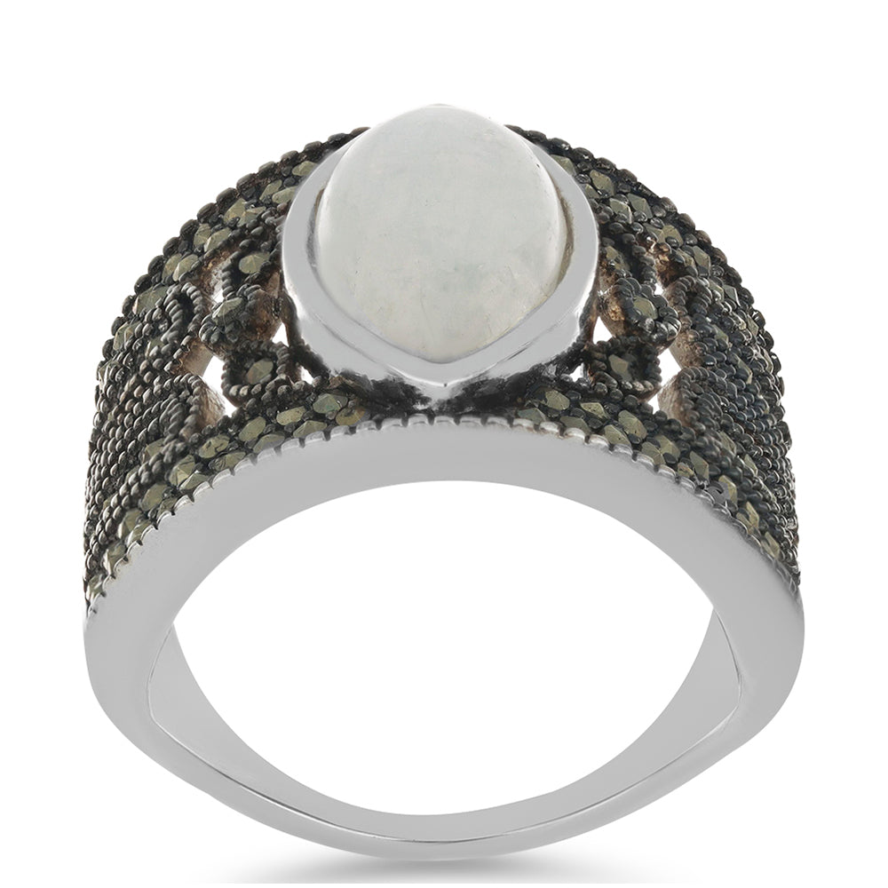 Stříbrný Prsten s Duhovým Měsíčním Kamenem a Rakouským Markazitem